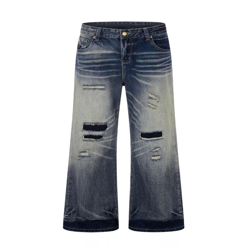 Men's Full Size Distressed Wide-Leg Bootcut Jeans Plus Size - Blue