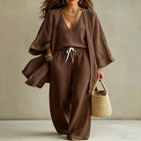 V-Neck Top & Cardigan & Pants Three-Piece Set - Black