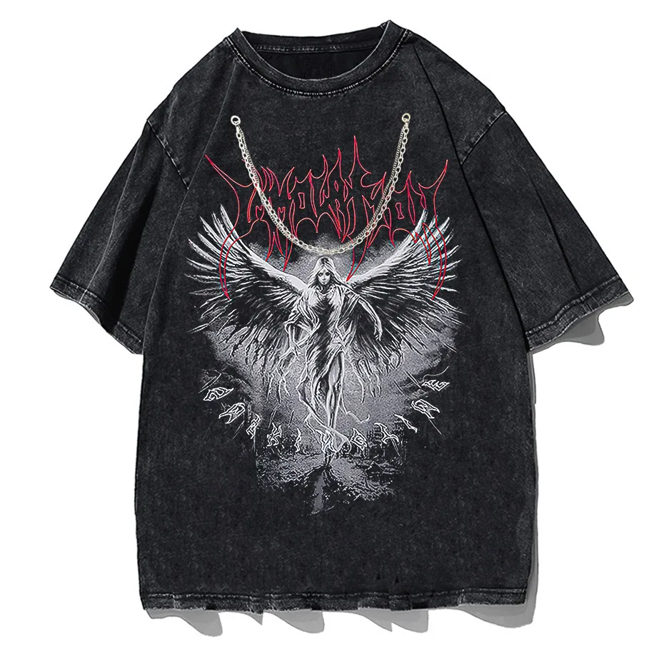 Y2k Gothic Punk Style Men T Shirt Clothes Harajuku Oversized T-Shirt Top - black necklace