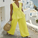 V-Neck Sleeveless Peplum Top and Wide-Leg Pants Set - Pink