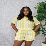 Striped Button Up Top and Shorts Set - Yellow