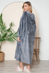 Double Take Full Size Pocketed Hooded Midi Lounge Dress - Mocha