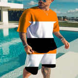 Men's Full Size Color Block Tee and Shorts Set Plus Size - Tangerine
