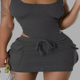Ribbed Knit Bodysuit and Drawstring Skirt Set - Light Blue