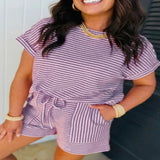 Stripe Breathable Textured Knit Short 2pcs Set - Lilac