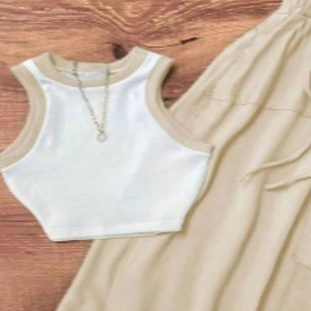 Contrast Trim Tank and Drawstring Waist Skirt Set - Khaki