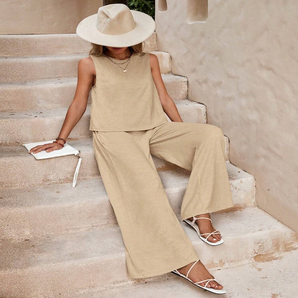 Women's casual two-piece outfit with sleeveless top and wide-leg pants set