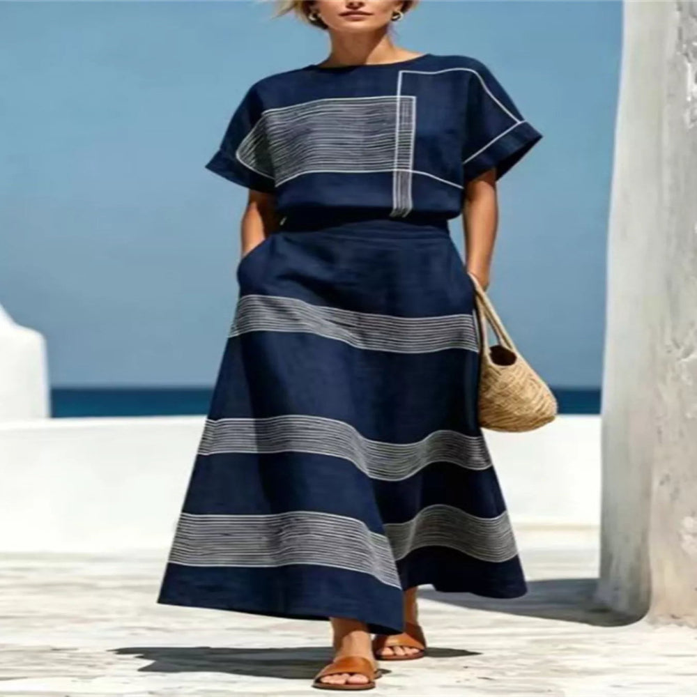 Full Size Striped Round Neck Top And Skirt Set Plus Size - Sky Blue