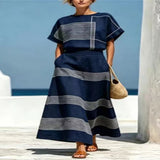 Full Size Striped Round Neck Top And Skirt Set Plus Size - Sky Blue