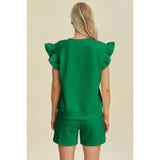 Double Take Full Size Texture Round Neck Ruffle Sleeve Top and Shorts Set - Dark Green