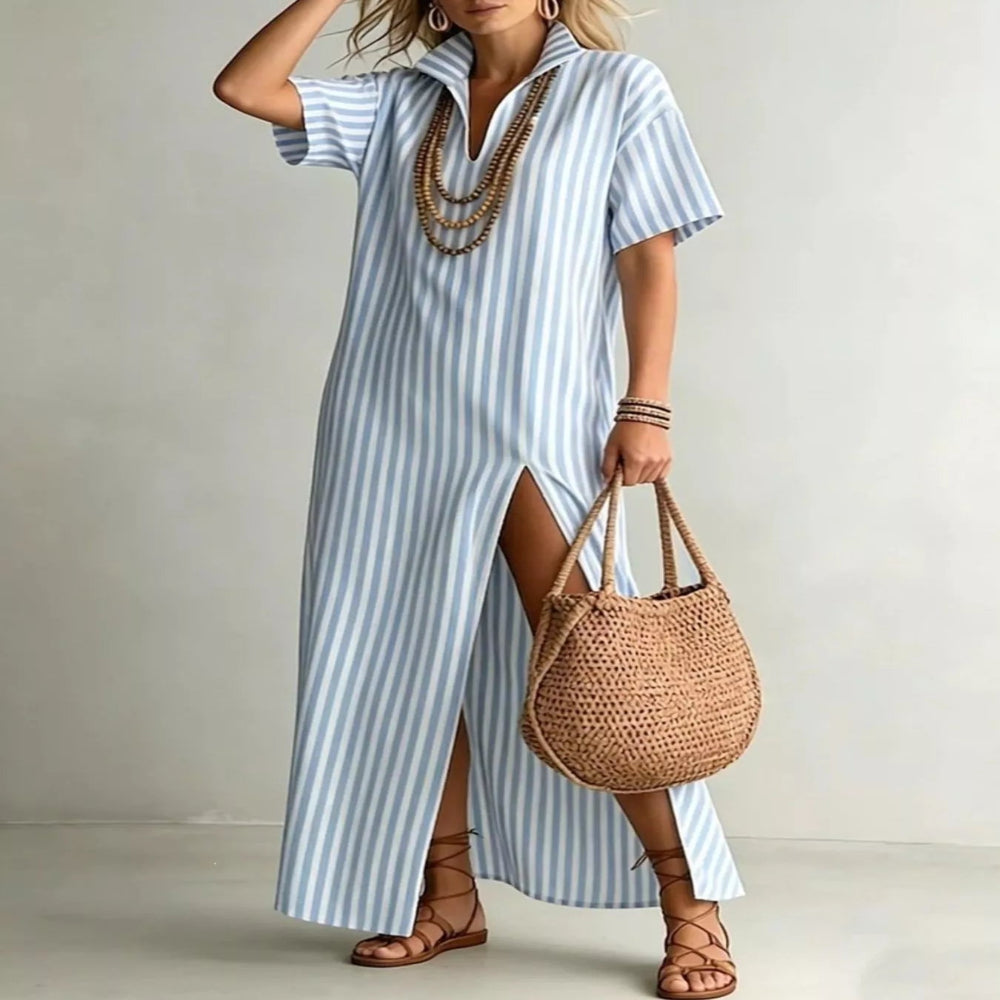 Full Size Striped Maxi Dress with Side Slit Plus Size - Light Blue