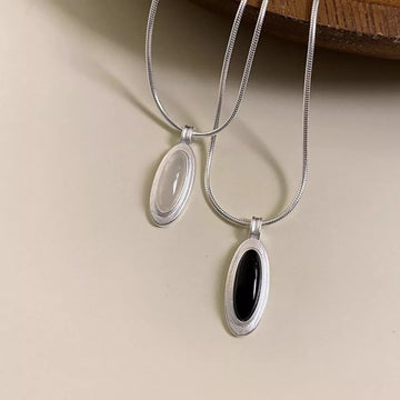 925 Sterling Silver Geometric Agate Pendant Necklace - Black