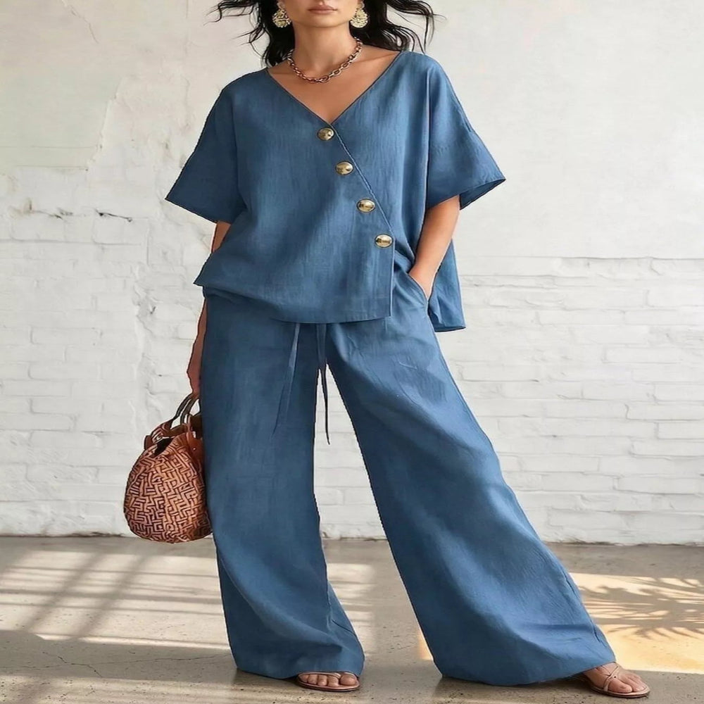Full Size Surplice Half Sleeve Top and Wide-Leg Pants Set Plus Size - Blue