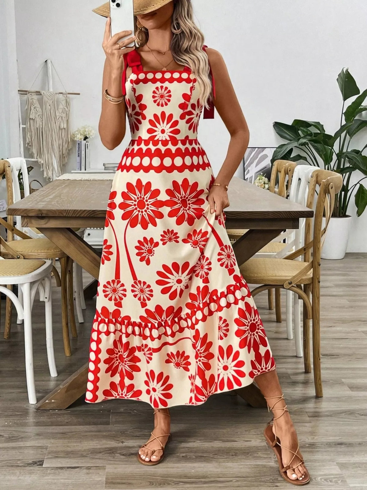 Floral Smocked Strapless Maxi Dress - Red