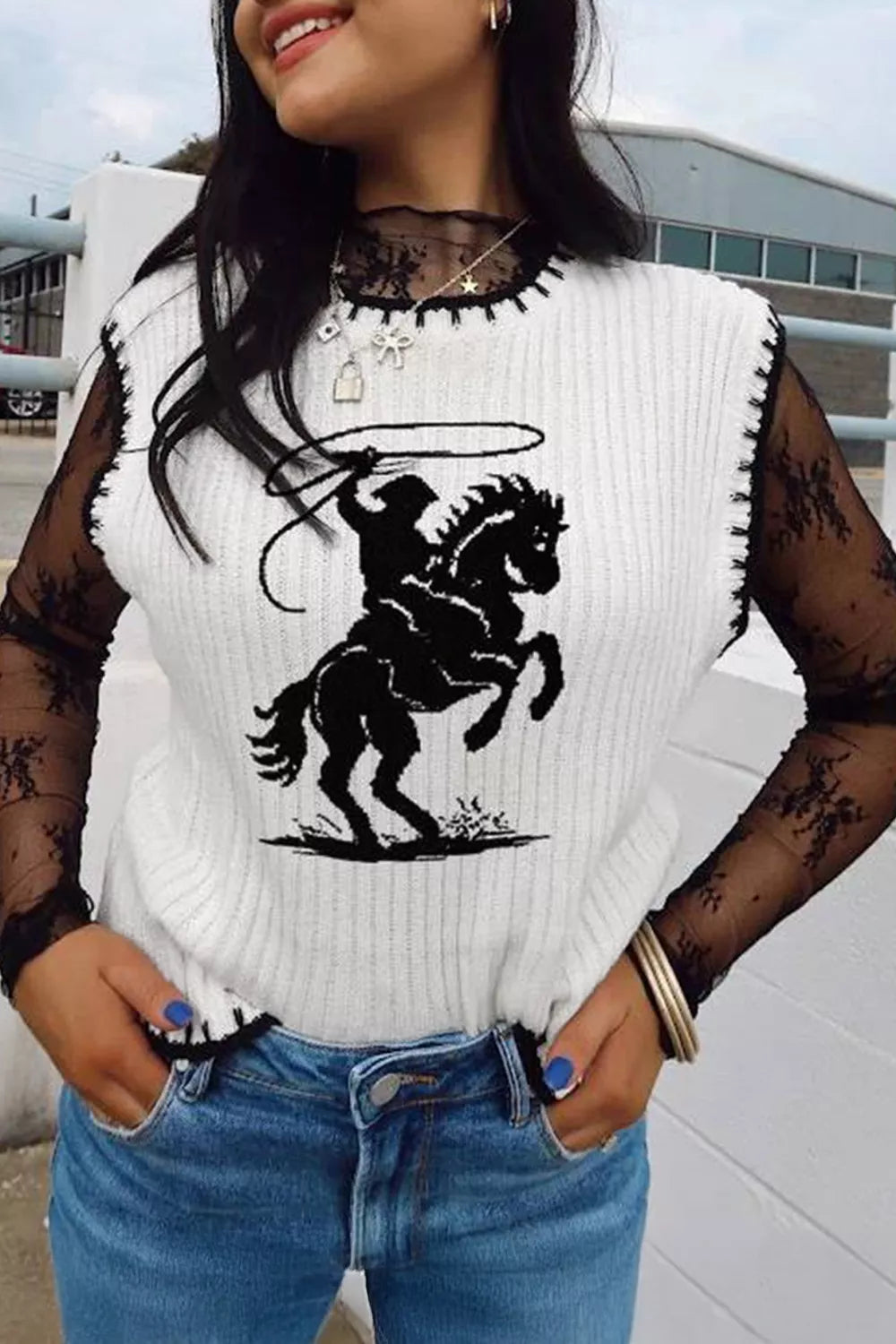 Contrast Trim Round Neck Rodeo Cowboy Sweater Vest - White