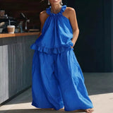 Full Size Ruffled Halter Neck Top and Wide-Leg Pants Set Plus Size - Blue