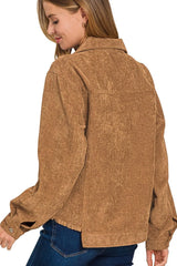 Zenana Distressed Corduroy Frayed Hem Cropped Jacket - DEEP CAMEL