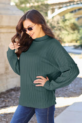 Basic Bae Full Size Ribbed Exposed Seam Mock Neck Knit Top - Turquoise