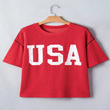 Twisted Rib Vintage USA Letter Print T-Shirt - Scarlet