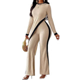 Women's Fashion Long Sleeve Side Slit T-shirt Trousers Suit - Beige