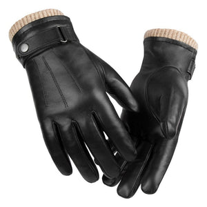 Men's black genuine leather winter gloves with fleece lining and touchscreen fingertips for winter warmth.