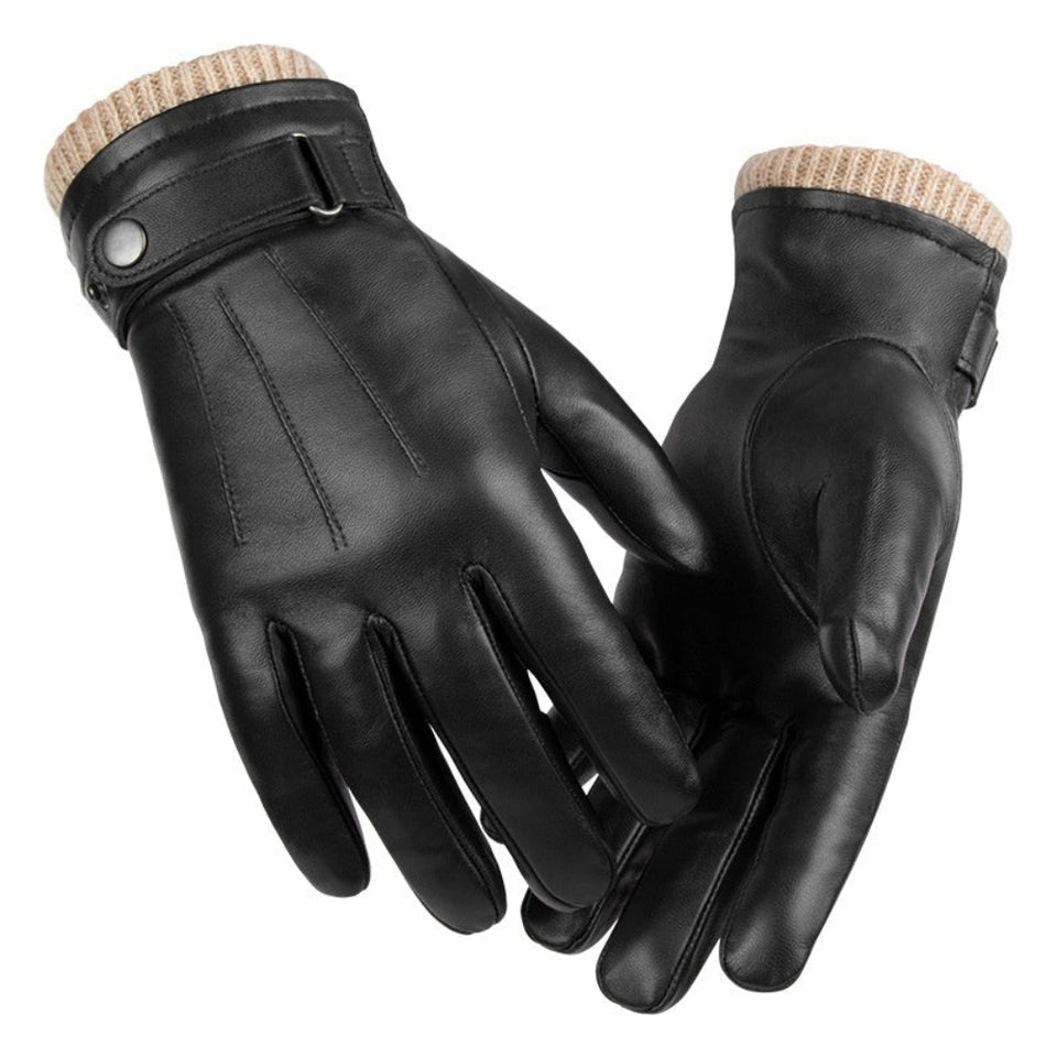 Men's black genuine leather winter gloves with fleece lining and touchscreen fingertips for winter warmth.