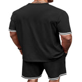 Men's Full Size Striped Short Sleeve Tee and Shorts Set Plus Size - Black