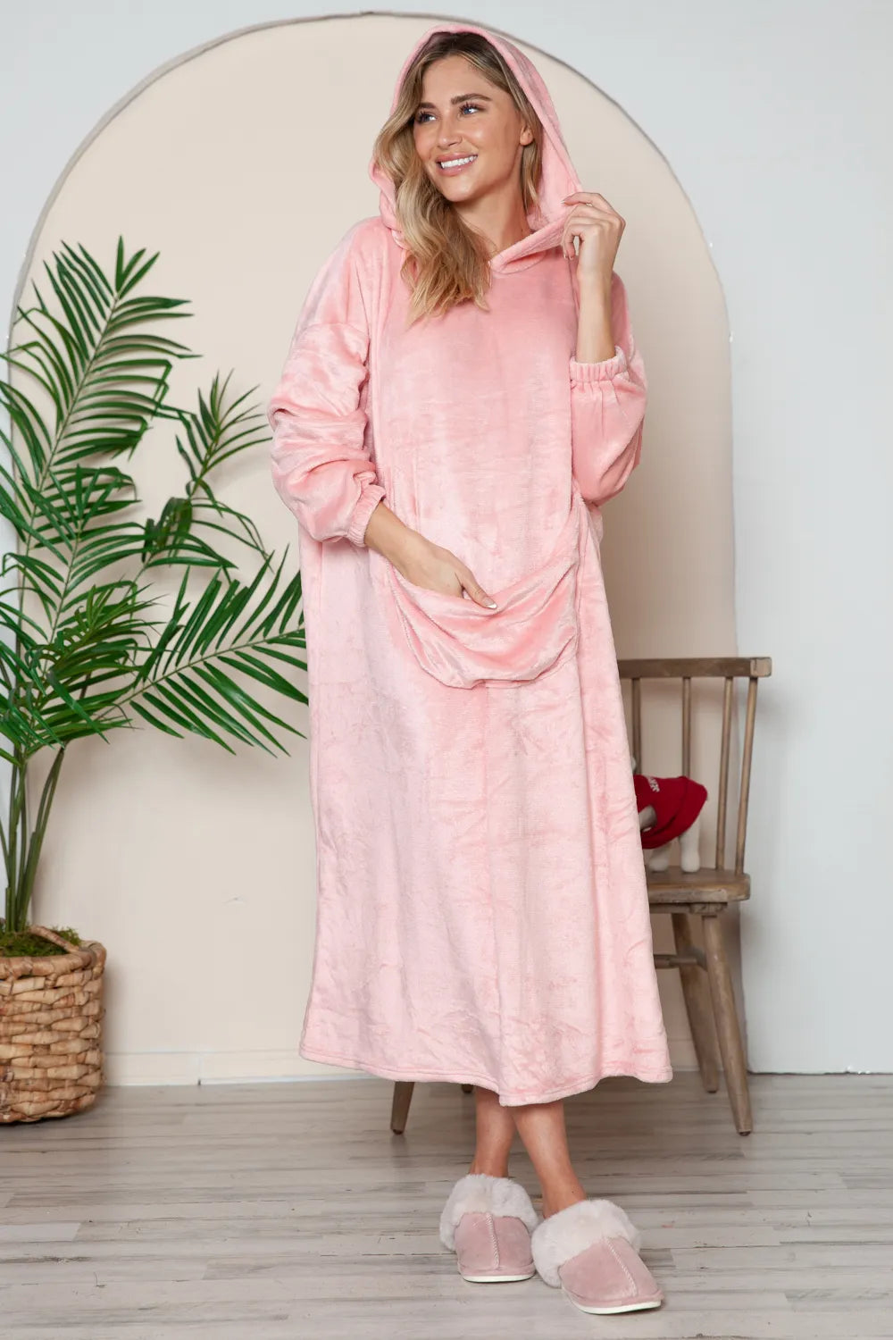 Double Take Full Size Pocketed Hooded Midi Lounge Dress - Dusty Pink