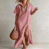 Full Size Striped Maxi Dress with Side Slit Plus Size - Light Blue