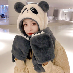 Women's winter hat, scarf, and gloves 3-piece set with soft warm knit fabric and cute bear design for cold weather.