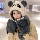 Women's winter hat, scarf, and gloves 3-piece set with soft warm knit fabric and cute bear design for cold weather.