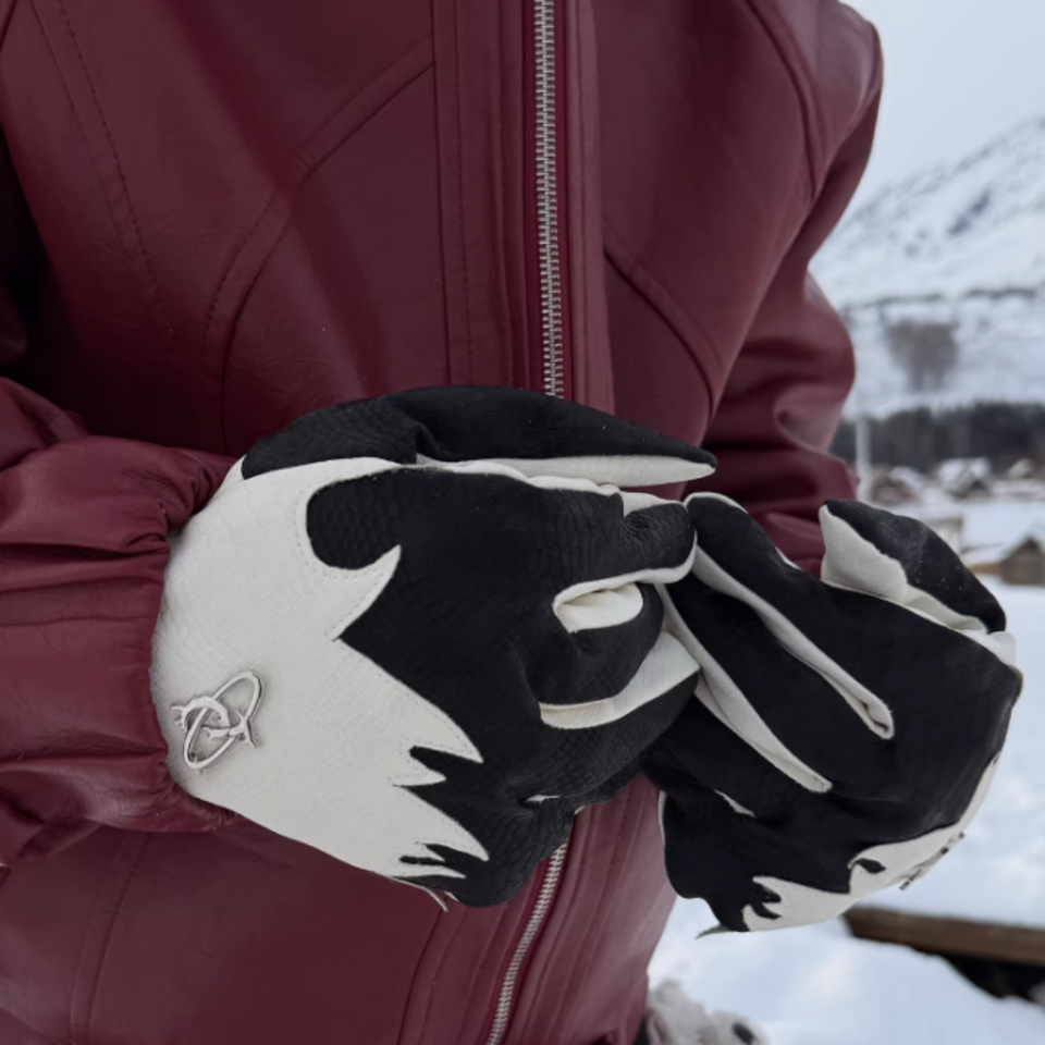 Men's black crocodile-grain sheepskin winter gloves with warm insulated lining for cold weather.