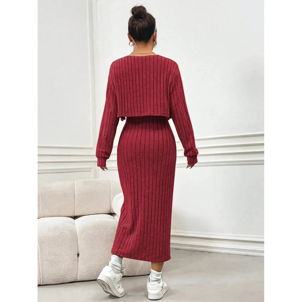 Ribbed Long Sleeve Cropped Cardigan and Slit Cami Dress Set - Orange-Red