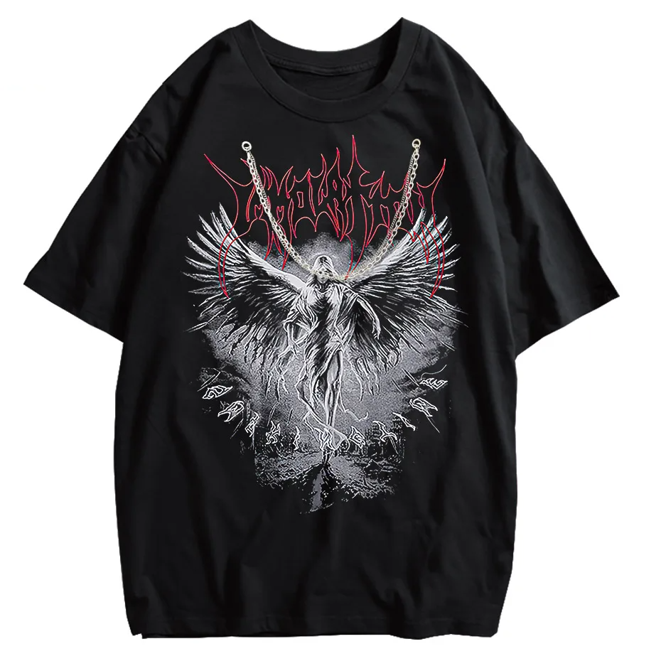 Y2k Gothic Punk Style Men T Shirt Clothes Harajuku Oversized T-Shirt Top - long  black