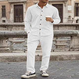 Men's Full Size Button Up Long Sleeve Shirt and Pants Set Plus Size - Khaki