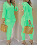 Bell Sleeve Top And Trousers Fashion Suit Women