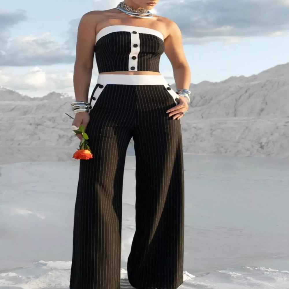 Striped Strapless Crop Top and Wide-Leg Pants Set - Black