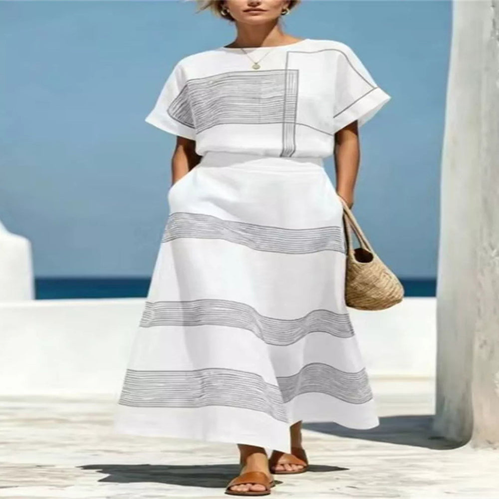 Full Size Striped Round Neck Top And Skirt Set Plus Size - Sky Blue
