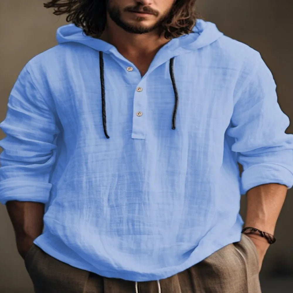 Men's Full Size Half Button Long Sleeve Hoodie - Ivory