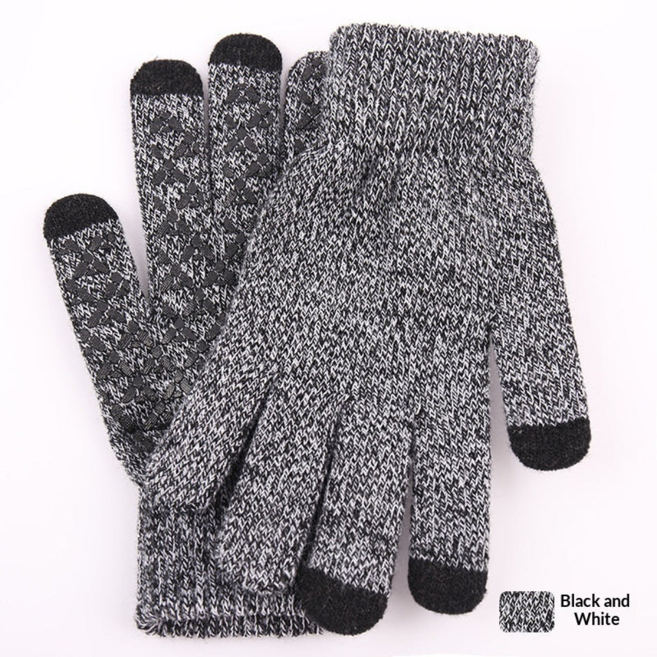 Knitted winter touchscreen wool gloves for men and women with warm soft fabric for cold-weather use.