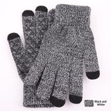 Knitted winter touchscreen wool gloves for men and women with warm soft fabric for cold-weather use.