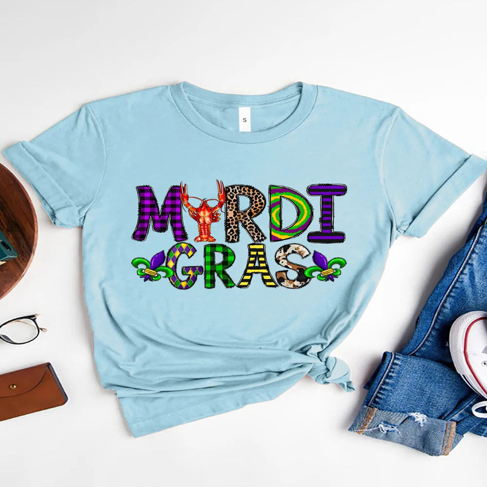 MARDI GRAS Round Neck Short Sleeve T-Shirt - Black