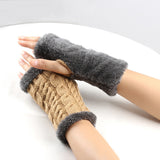 Women's knitted fingerless plush winter gloves with soft fleece lining.