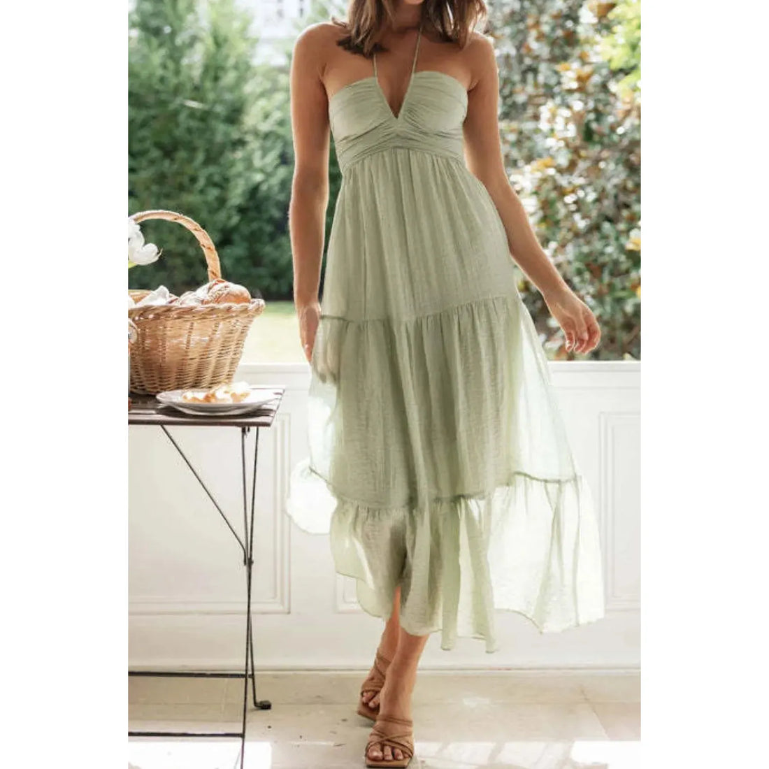 Tiered Halter Neck Cami Dress - Sage