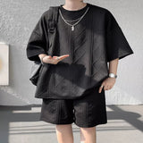 Men's Plus Size Textured Relaxed Fit Top and Shorts Set - Black