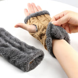 Women knitted fingerless plush winter gloves with soft fleece lining.