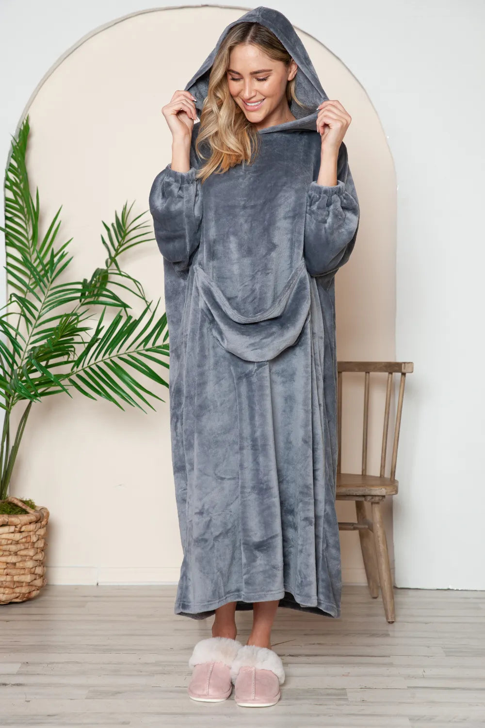 Double Take Full Size Pocketed Hooded Midi Lounge Dress - Mocha