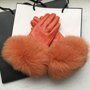 Women's genuine leather winter gloves with soft fox fur cuffs and warm wool lining for elegant cold-weather wear.