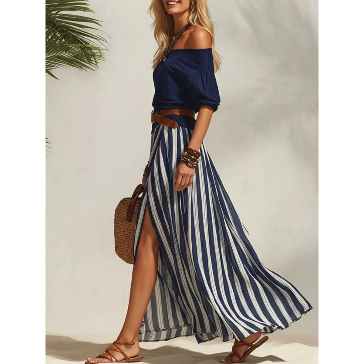 Off Shoulder Top and Striped Maxi Skirt Set - Navy