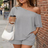 Full Size One Shoulder Top and Shorts Set Plus Size - Blue